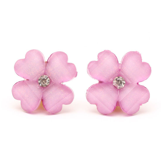 Lilac crystal effect and rhinestone four leaf clover flower with gold-tone clip earrings