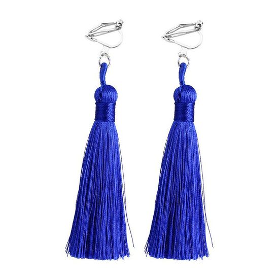 Navy Blue Tassel Drop Clip On Earrings