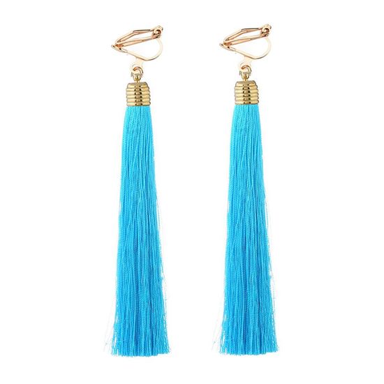 Sky Blue Tassel Statement Clip On Earrings