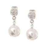 White Round Faux Pearl with Crystal Silver-tone Drop Clip-on Earrings