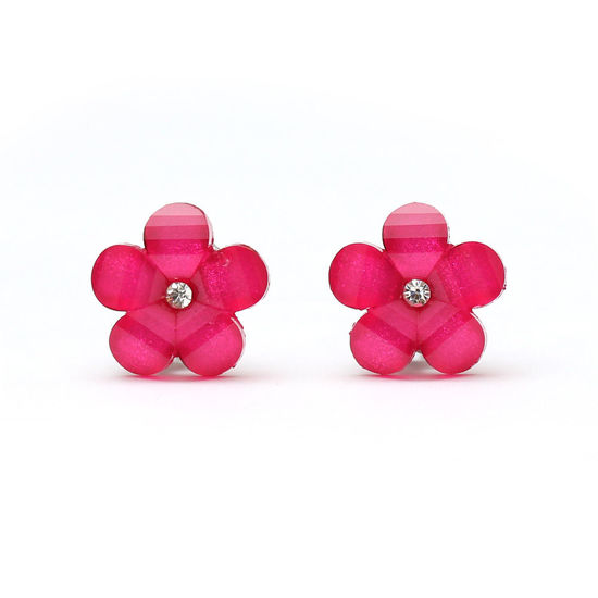 Hot pink flower with rhinestone and crystal effect clip-on earrings
