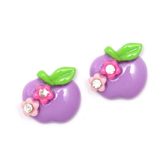 Purple apple with flowers and rhinestones clip-on earrings