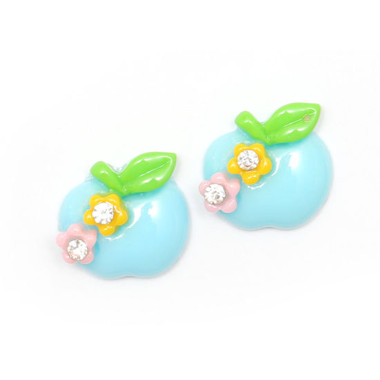 Blue apple with flowers and rhinestones clip-on earrings