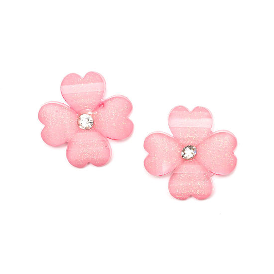 Pink flower with rhinestone and crystal effect clip-on earrings