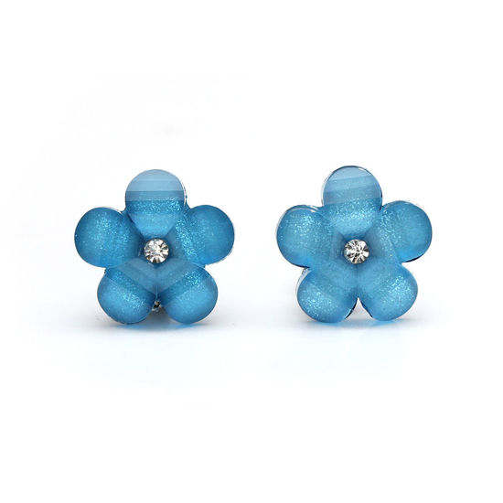 Blue magic flower with rhinestone and crystal effect clip-on earrings