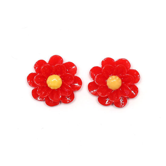 Red daisy flower clip-on earrings
