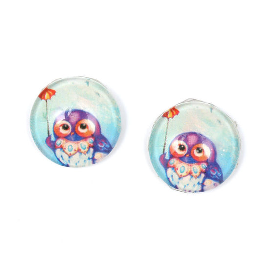 Blue and purple owl printed glass round clip-on earrings