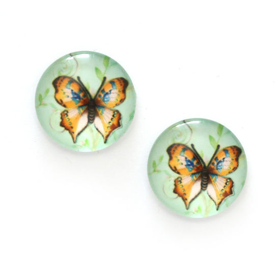 Brown butterfly printed glass on pale green round button clip-on earrings
