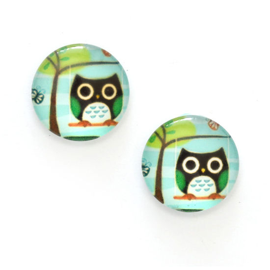 Black owl on branch printed glass round button clip-on earrings