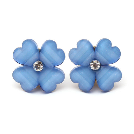 Blue crystal effect and rhinestone four leaf clover flower with gold-tone clip earrings