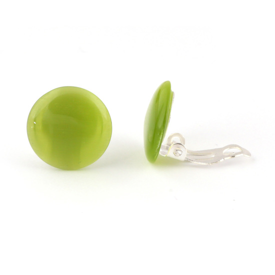 Olive simulated Cat Eye glass round button clip on earrings