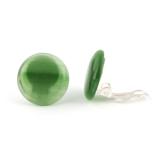 Green simulated Cat Eye glass round button clip on earrings