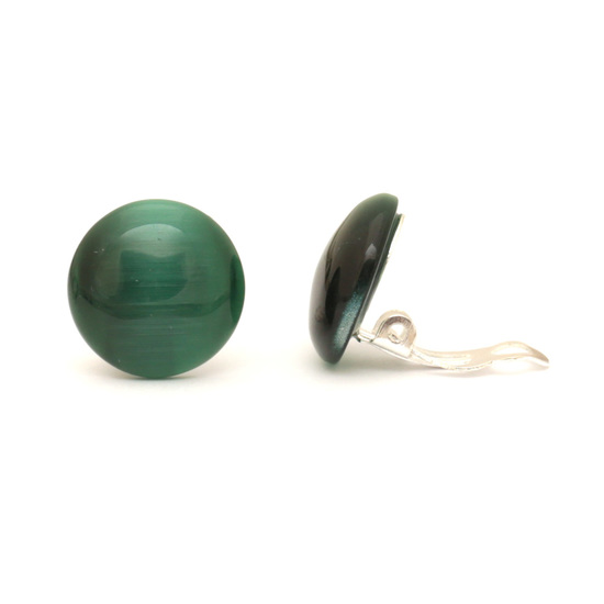 Dark green simulated Cat Eye glass round button clip on earrings