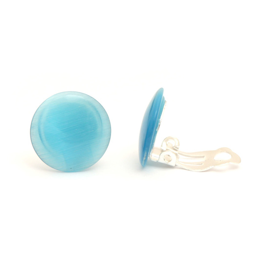 Sky blue simulated Cat Eye glass round button clip on earrings