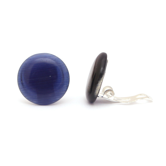 Dark blue simulated Cat Eye glass round button clip on earrings