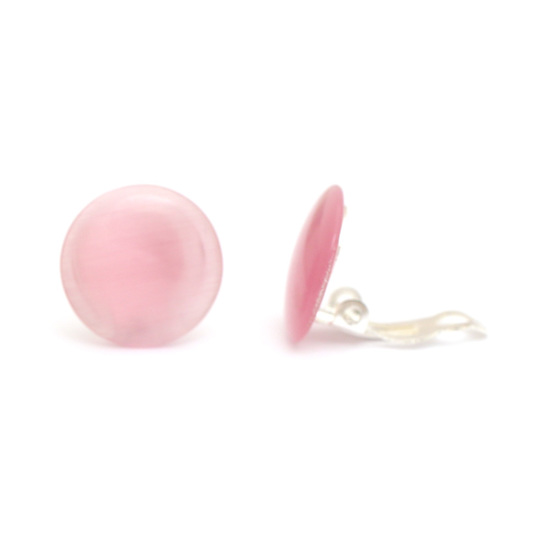 Pink simulated Cat Eye glass round button clip on earrings