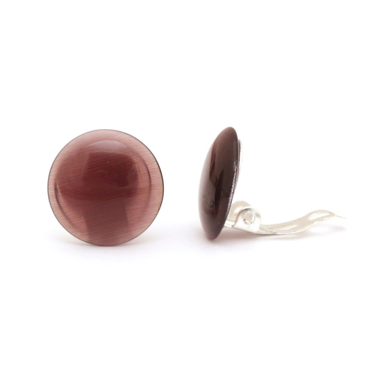 Dark violet simulated Cat Eye glass round button clip on earrings