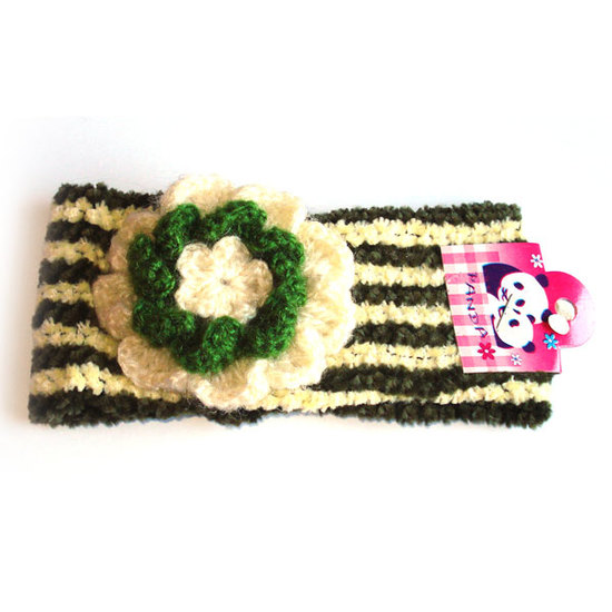 Green stripe hairband with white and green flower