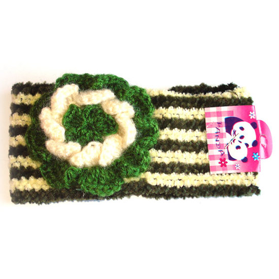 Green stripe hairband with green and white flower