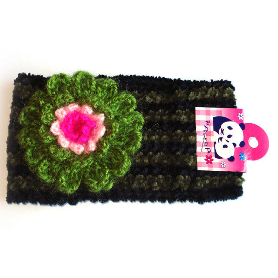 Black stripe hairband with green and pink flower