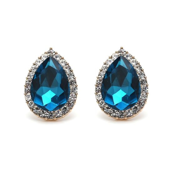 Sky Blue Crystal Diamante Pear-Shaped Gold-tone Clip-on Earrings