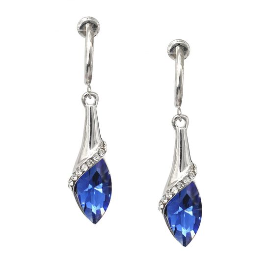 Blue Teardrop Crystal Silver-tone Drop Hoop Clip On Earrings