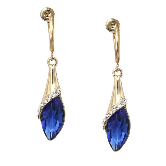 Blue Teardrop Crystal Gold-tone Drop Hoop Clip On Earrings
