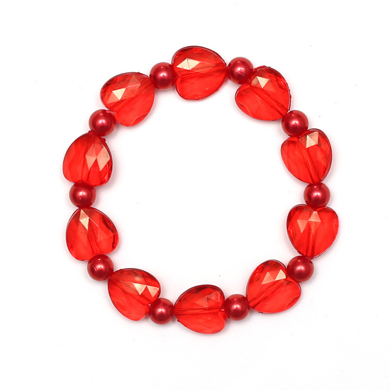 Red Imitation Pearl Acrylic Beads and Transparent Acrylic Heart Beads Bracelet for Kids 
