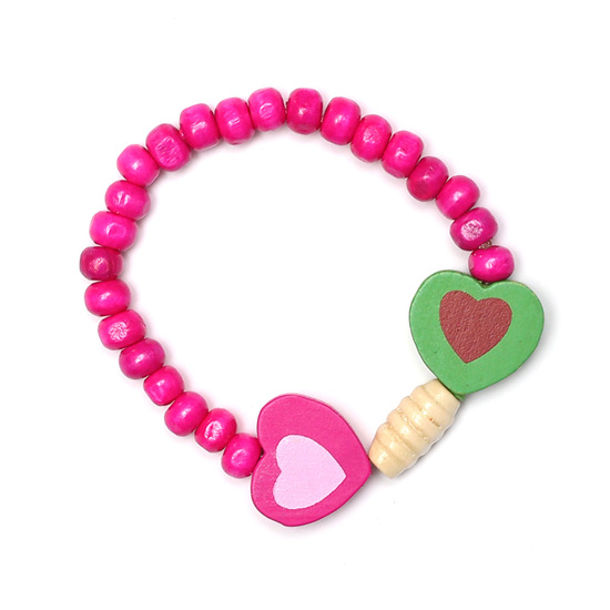 Colorful Wooden Hearts with Fuchsia Wooden Beads Stretchy Bracelets for Kids