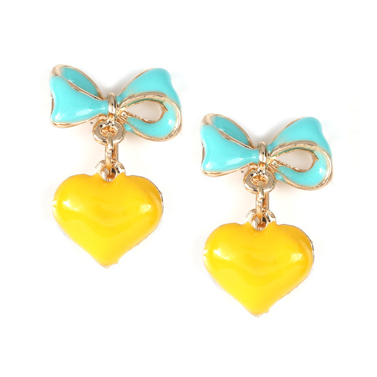 Yellow heart with turquoise bow drop clip on earrings