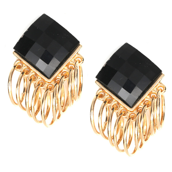 Black faceted diamond shape with gold-tone multi hoop clip on earrings