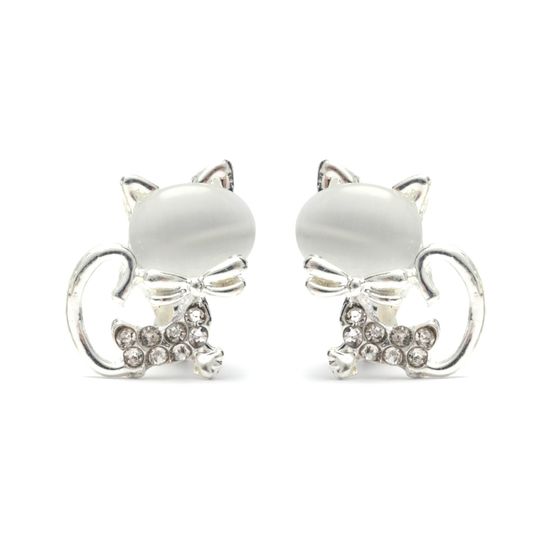 White simulated cat eye with crystal kitten clip on earrings