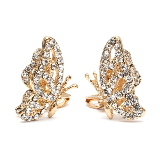 Gold-tone butterfly with white crystal studded clip on earrings