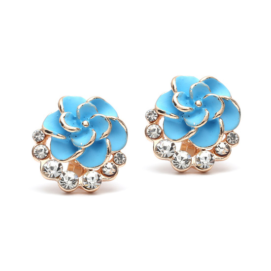 Blue flower with crystal studded clip on earrings