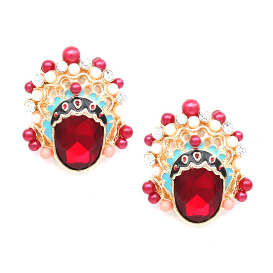 Magnificent red faceted mask adorned with faux pearl and crystal clip on earrings