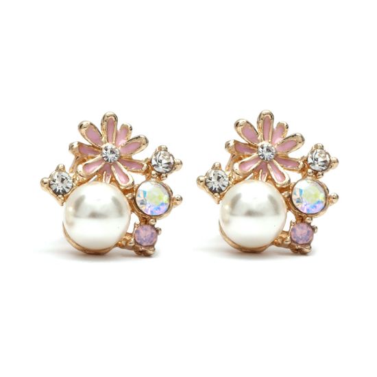 White faux pearl with flower and crystal clip on earrings