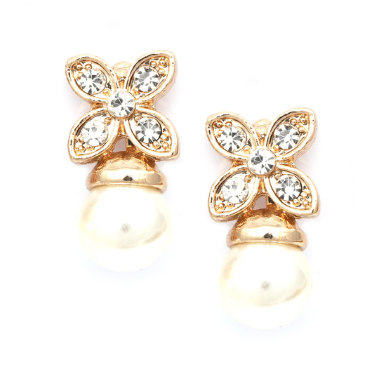 White faux pearl with crystal flower gold-tone clip on earrings