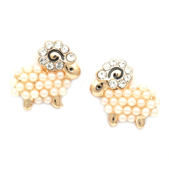 White faux pearl pave with crystal sheep clip on earrings