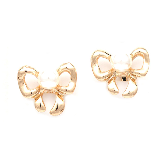 Gold-tone bow with white faux pearl clip on earrings