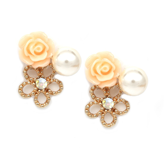 Gold-tone Flowers with Crystal and Faux-Pearls