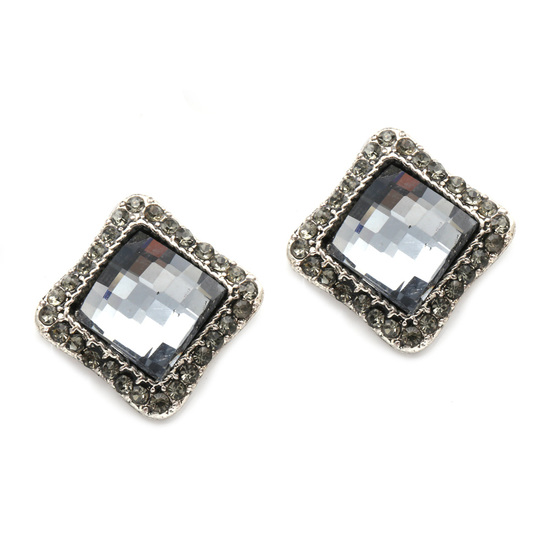 Gray faceted diamond shape with diamante crystal edge clip on earrings