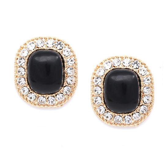 Black oval with diamante crystal edge gold-tone clip on earrings