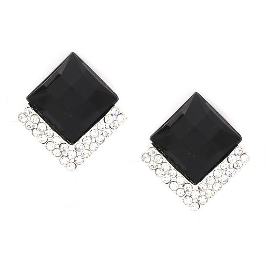 Black faceted diamond shape with crystal pave clip on earrings