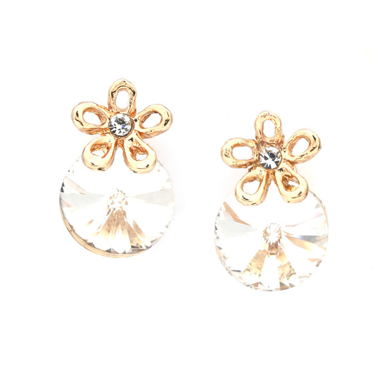 Gold-tone flower with round crystal clip on earrings