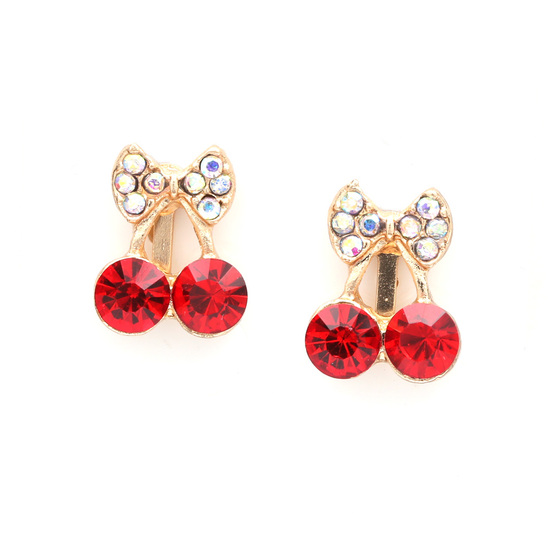 Red crystal cherries and diamante bow clip on earrings