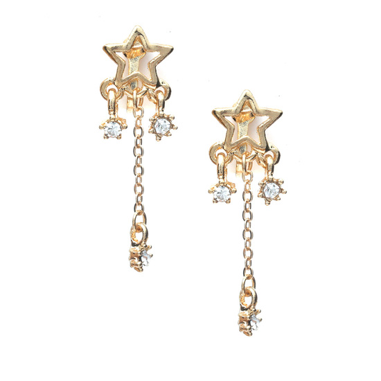 Gold-tone star with dangling chain and crystal drop clip on earrings