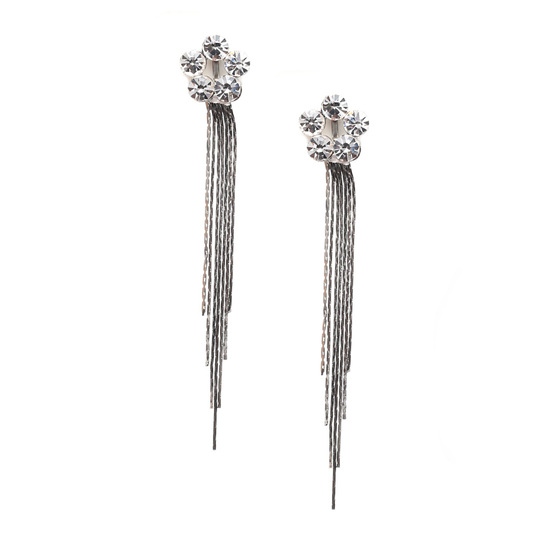 Crystal flower with dangle silver-tone chain tassel drop clipons
