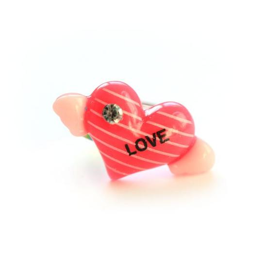 Pink LOVE heart with wings adjustable ring